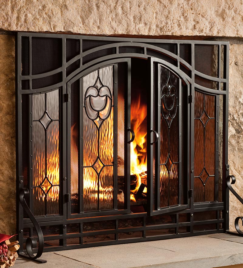 Plow &amp; Hearth Fireplace Screens With Doors | Fireplace &amp; Hearth Two-Door Fireplace Screen With Glass Floral Panels