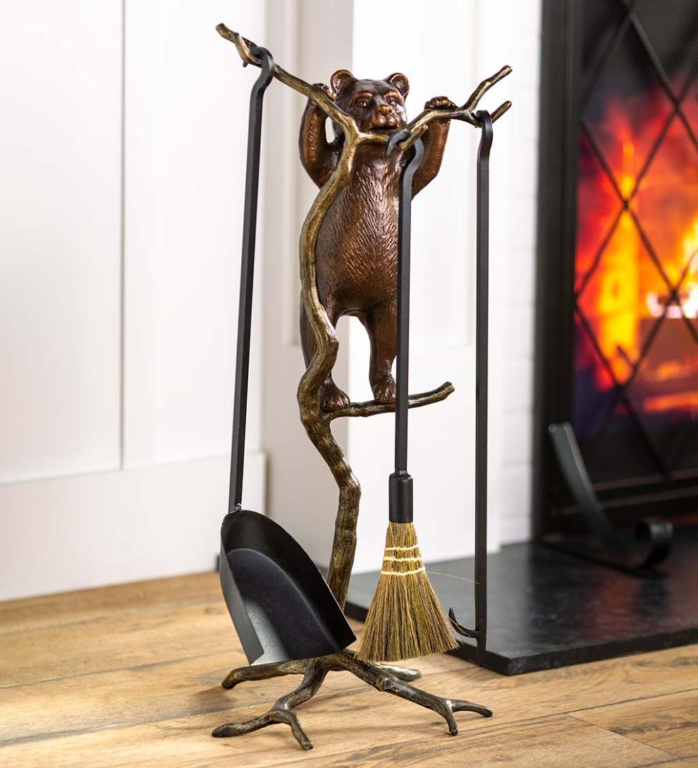 Plow &amp; Hearth Fireplace Tool Sets | Fireplace &amp; Hearth Curious Bear Cub Cast Aluminum Fireplace Tool Set