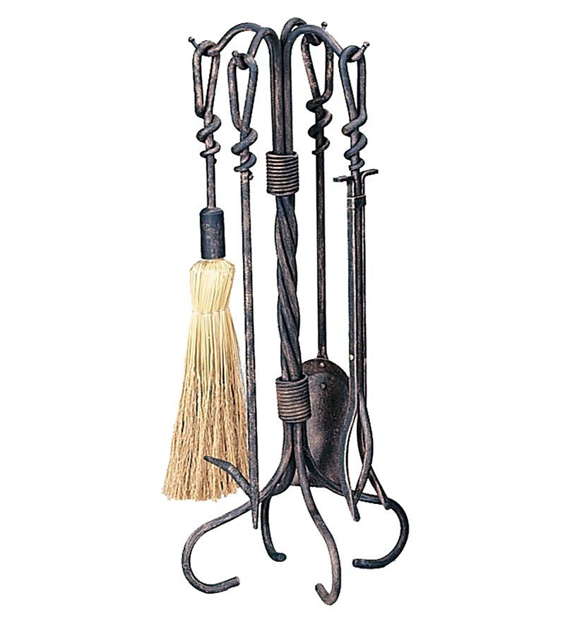 Plow &amp; Hearth Fireplace Tool Sets | Fireplace &amp; Hearth Wrought Iron 5-Piece Fireplace Tool Set With Twist Handles In Antique Rust Finish - Rust