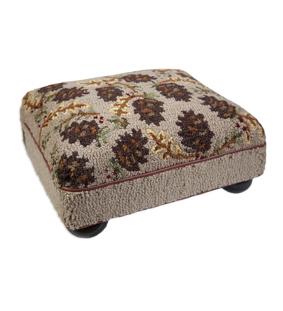 Plow &amp; Hearth Footstools | Indoor Living Pine Cone Hand-Hooked Wool And Leather Stool