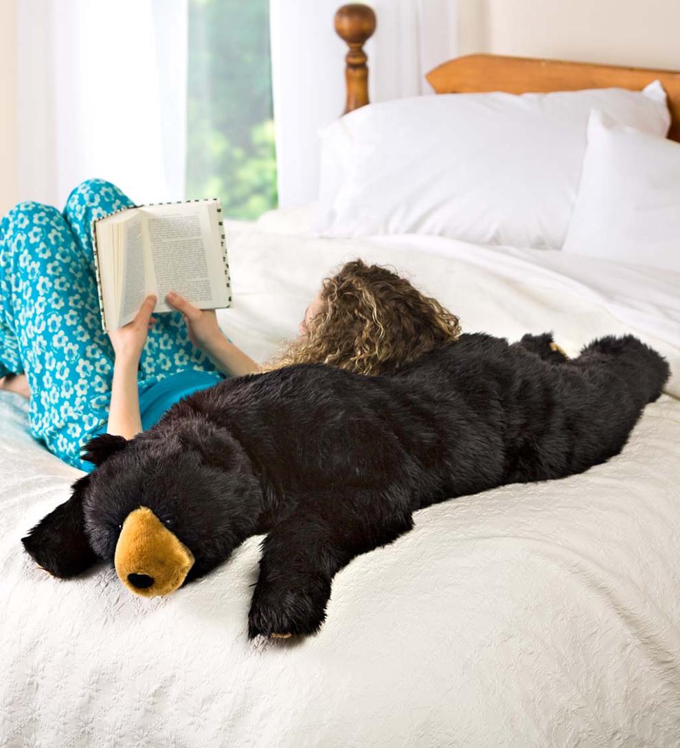 Plow &amp; Hearth Garden Accents | Indoor Living Black Bear Plush Cuddle Animal Body Pillow - Black