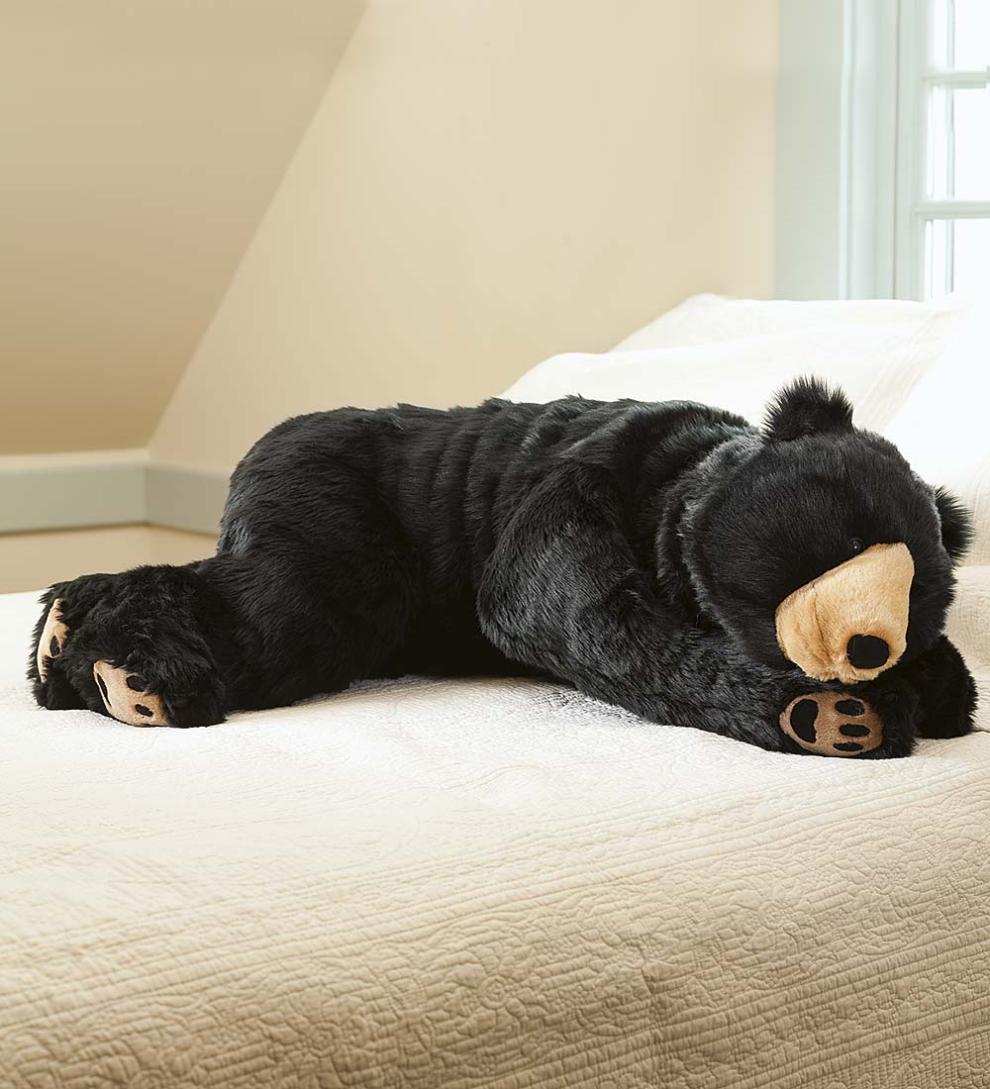 Plow &amp; Hearth Garden Accents | Indoor Living Black Bear Plush Cuddle Animal Body Pillow - Black