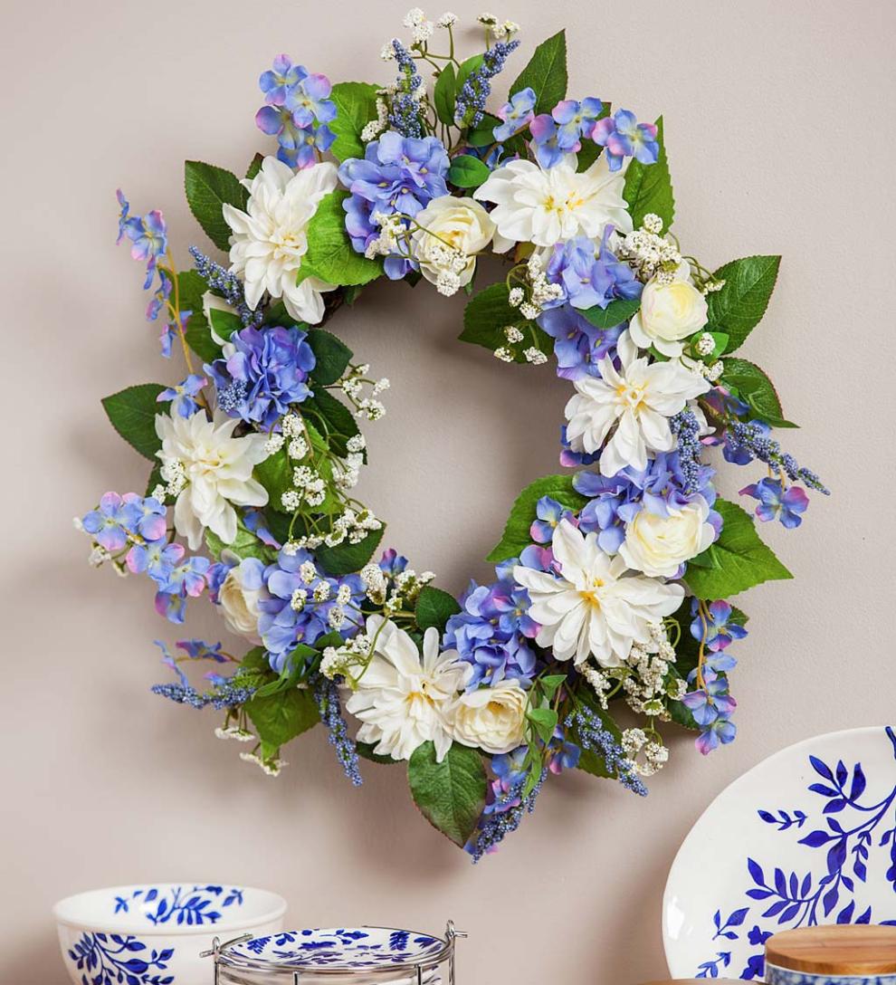 Plow &amp; Hearth Garden Accents | Indoor Living Blue Hydrangea And White Roses Faux Floral Wreath