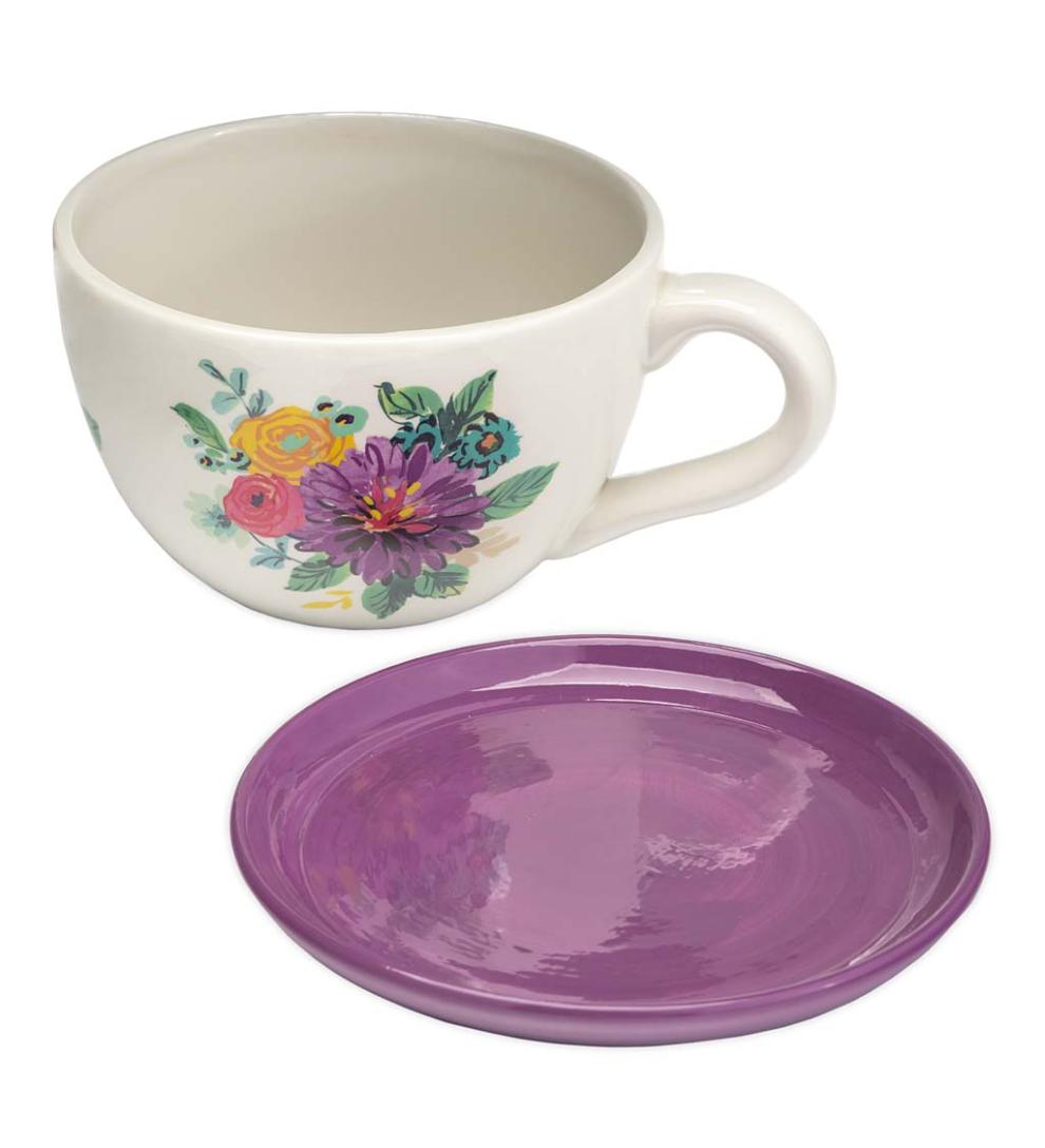 Plow &amp; Hearth Garden Accents | Indoor Living Ceramic Floral Tea Cup Indoor/Outdoor Planter With Saucer - Purple