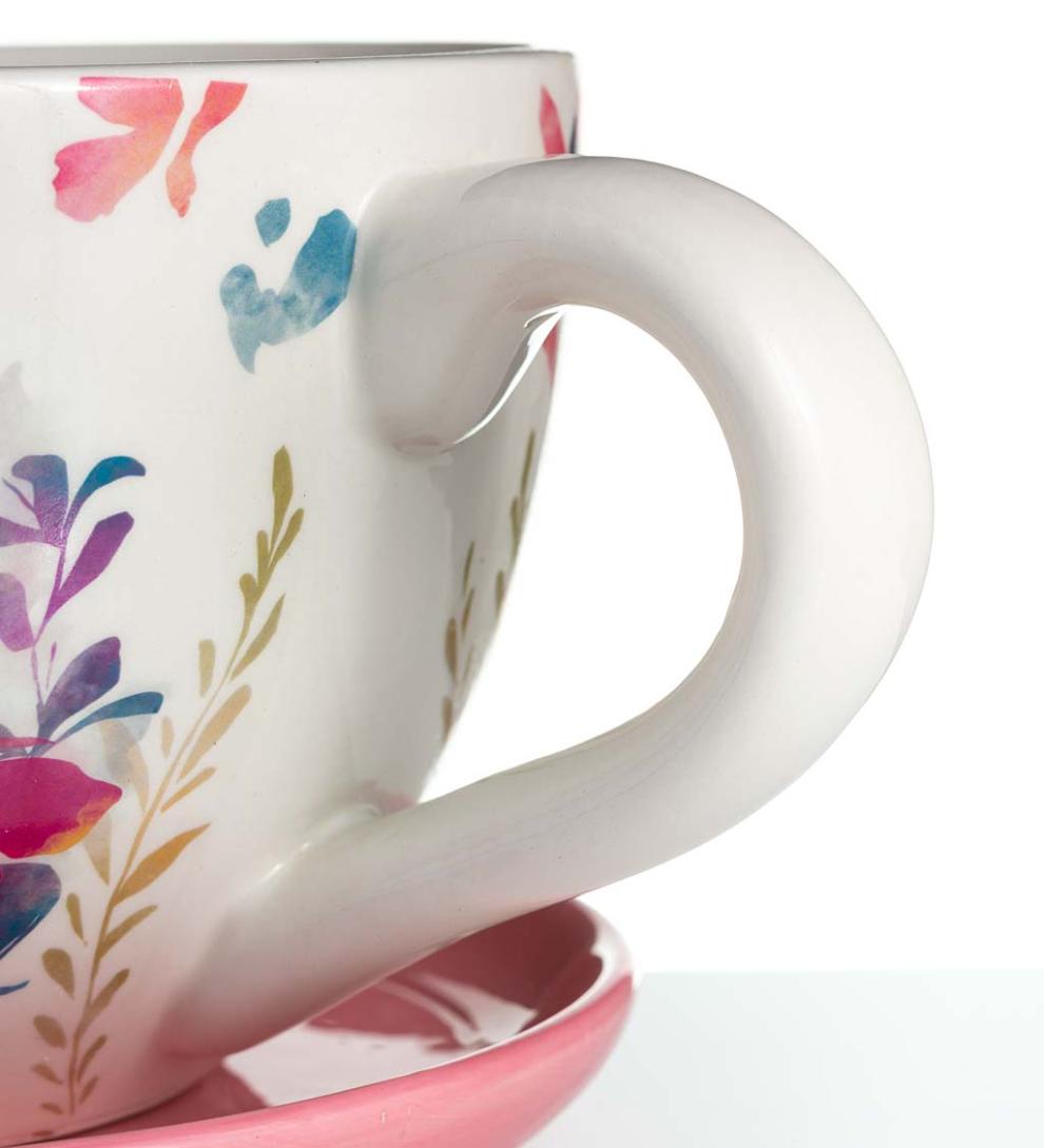 Plow &amp; Hearth Garden Accents | Indoor Living Ceramic Floral Tea Cup Indoor/Outdoor Planter With Saucer - Purple