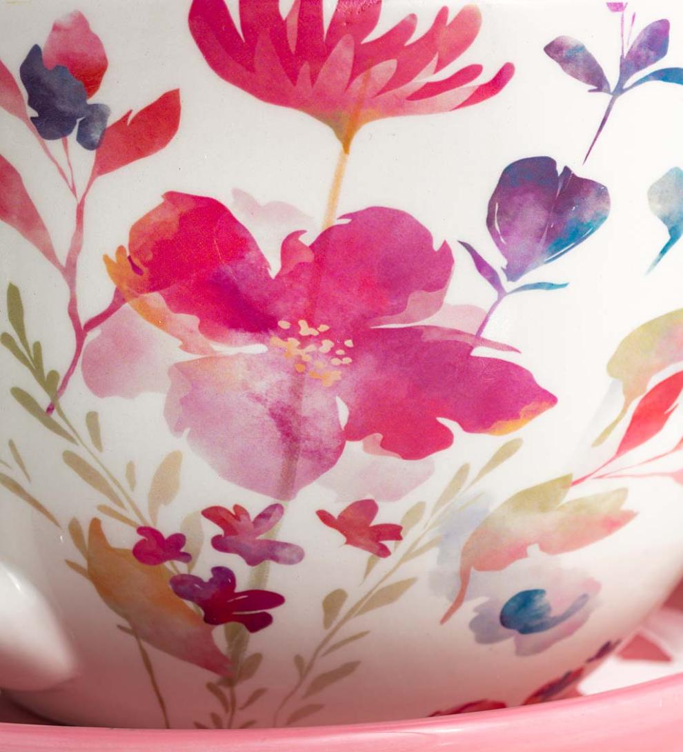 Plow &amp; Hearth Garden Accents | Indoor Living Ceramic Floral Tea Cup Indoor/Outdoor Planter With Saucer - Purple