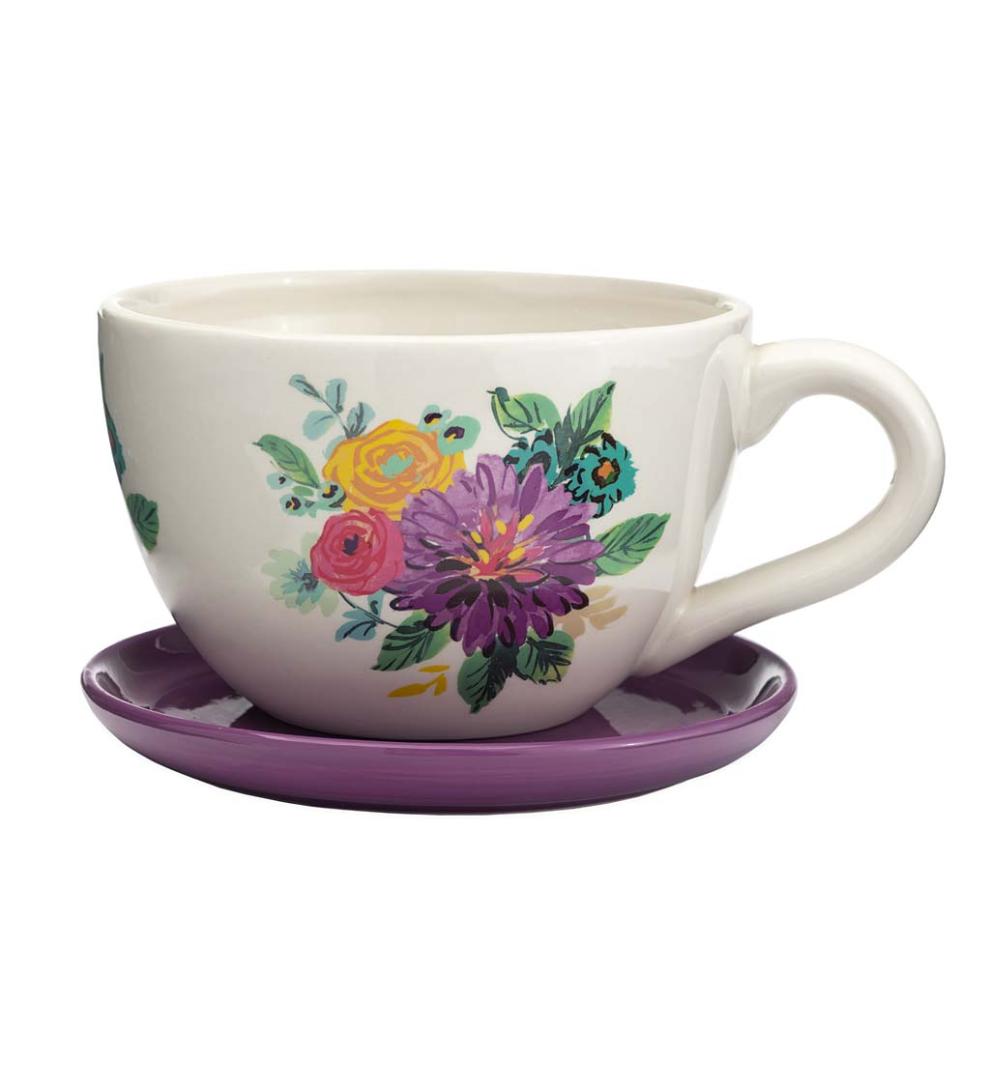 Plow &amp; Hearth Garden Accents | Indoor Living Ceramic Floral Tea Cup Indoor/Outdoor Planter With Saucer - Purple