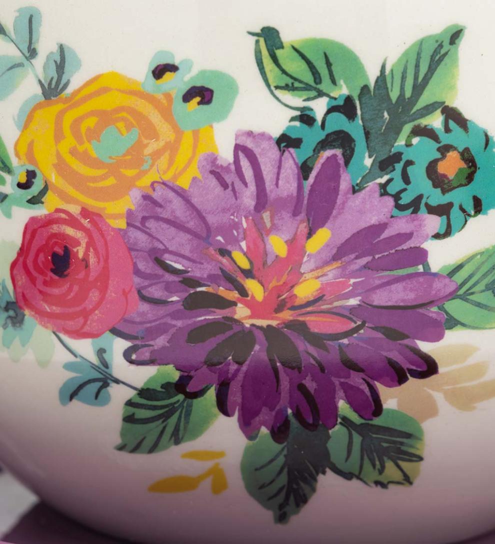 Plow &amp; Hearth Garden Accents | Indoor Living Ceramic Floral Tea Cup Indoor/Outdoor Planter With Saucer - Purple