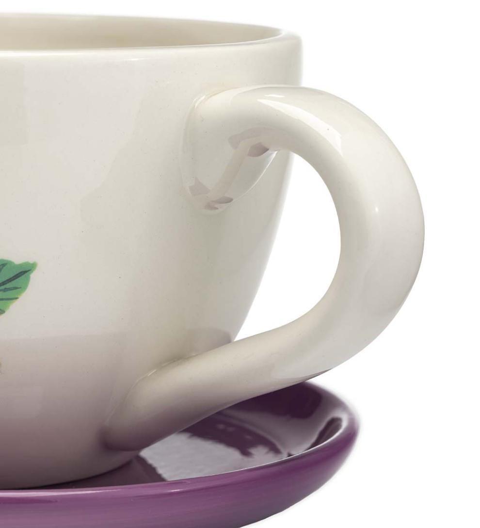 Plow &amp; Hearth Garden Accents | Indoor Living Ceramic Floral Tea Cup Indoor/Outdoor Planter With Saucer - Purple