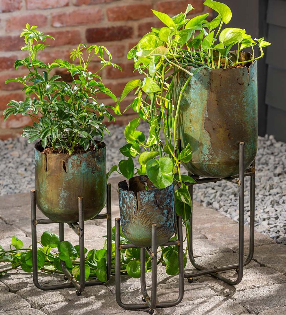 Plow &amp; Hearth Garden Accents | Indoor Living Distressed Metal Raised Planters, Set Of 3