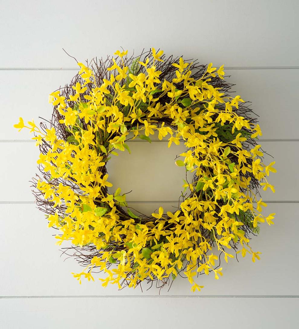 Plow &amp; Hearth Garden Accents | Indoor Living Faux Forsythia Wreath On Rattan Base