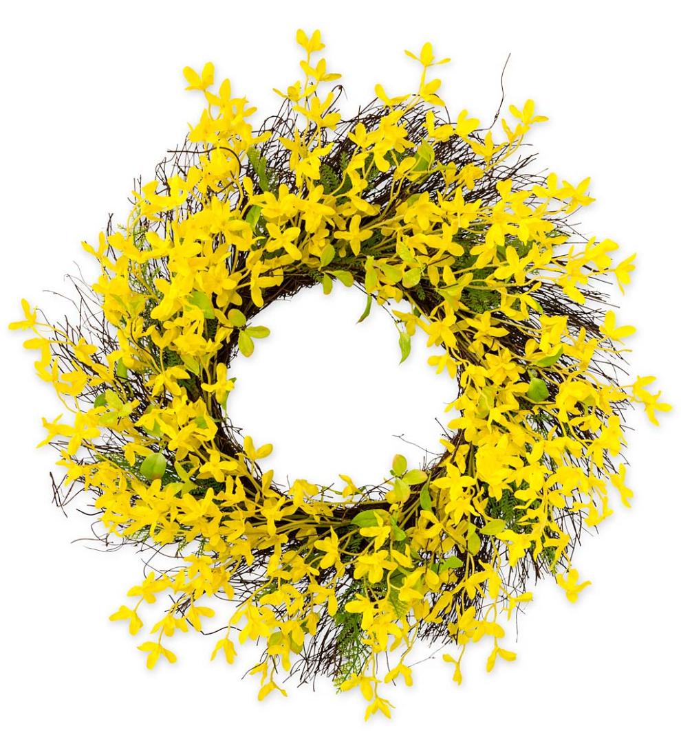 Plow &amp; Hearth Garden Accents | Indoor Living Faux Forsythia Wreath On Rattan Base