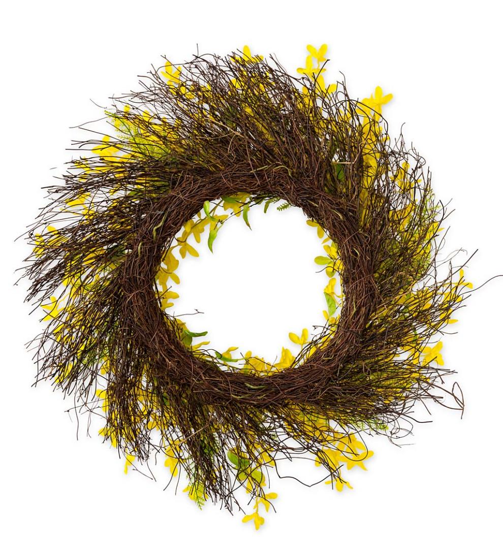 Plow &amp; Hearth Garden Accents | Indoor Living Faux Forsythia Wreath On Rattan Base