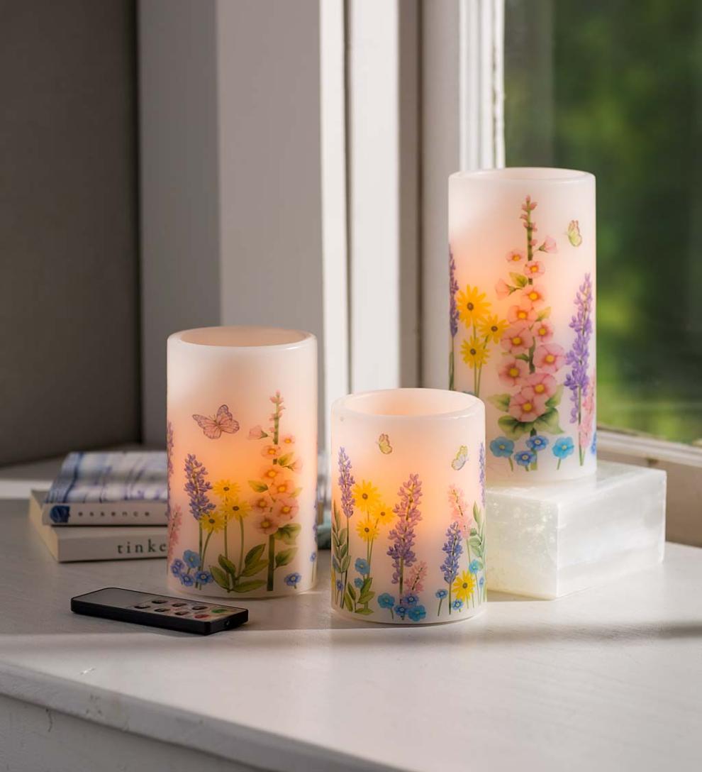 Plow &amp; Hearth Garden Accents | Indoor Living Flameless Pillar Candles With Floral Designs, Set Of 3