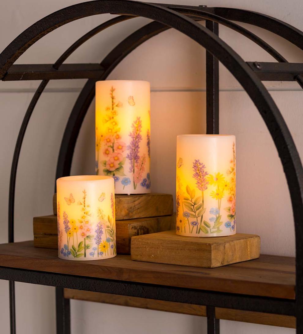 Plow &amp; Hearth Garden Accents | Indoor Living Flameless Pillar Candles With Floral Designs, Set Of 3