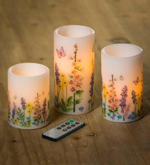 Plow &amp; Hearth Garden Accents | Indoor Living Flameless Pillar Candles With Floral Designs, Set Of 3