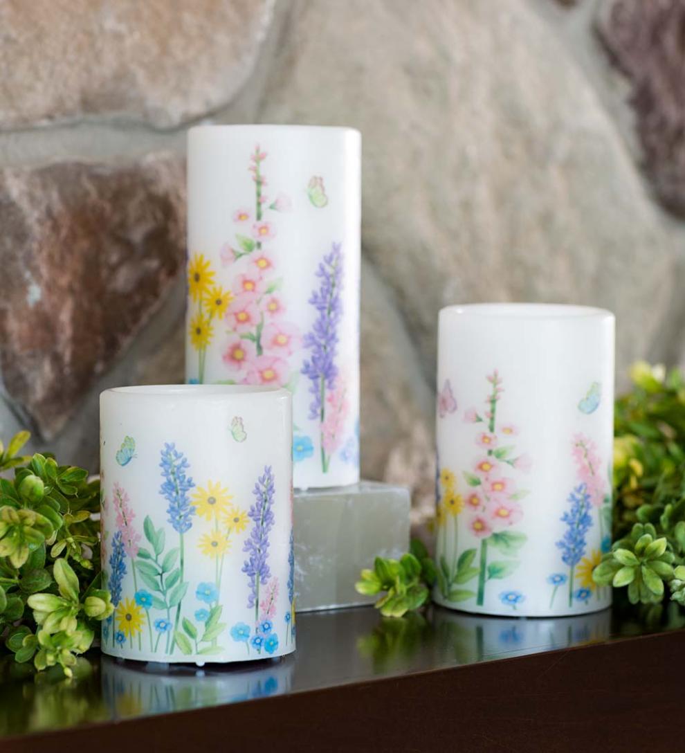 Plow &amp; Hearth Garden Accents | Indoor Living Flameless Pillar Candles With Floral Designs, Set Of 3