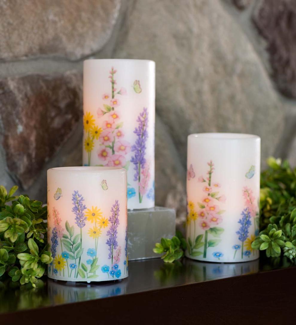 Plow &amp; Hearth Garden Accents | Indoor Living Flameless Pillar Candles With Floral Designs, Set Of 3
