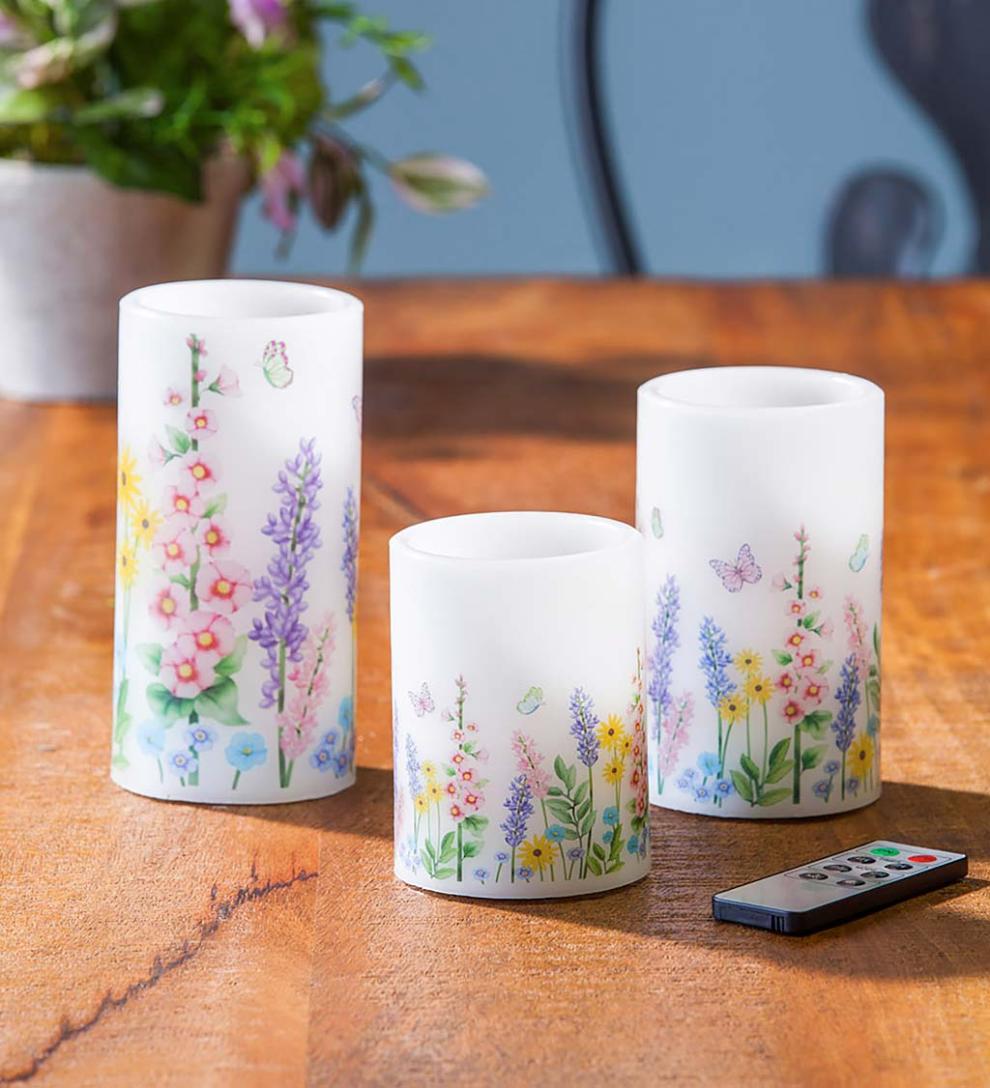 Plow &amp; Hearth Garden Accents | Indoor Living Flameless Pillar Candles With Floral Designs, Set Of 3
