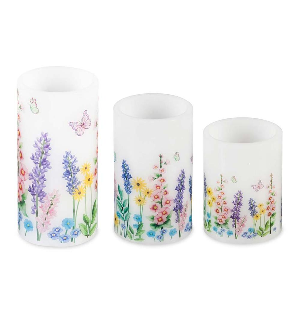 Plow &amp; Hearth Garden Accents | Indoor Living Flameless Pillar Candles With Floral Designs, Set Of 3