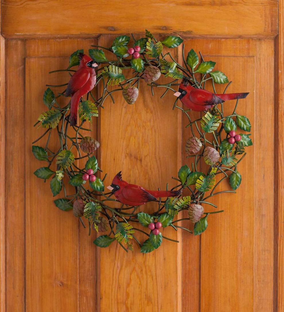 Plow &amp; Hearth Garden Accents | Indoor Living Handmade Metal Cardinal Evergreen Berry Wreath