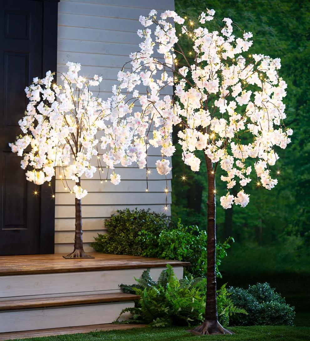 Plow &amp; Hearth Garden Accents | Indoor Living Indoor/Outdoor Electric Lighted Faux Weeping Cherry Trees