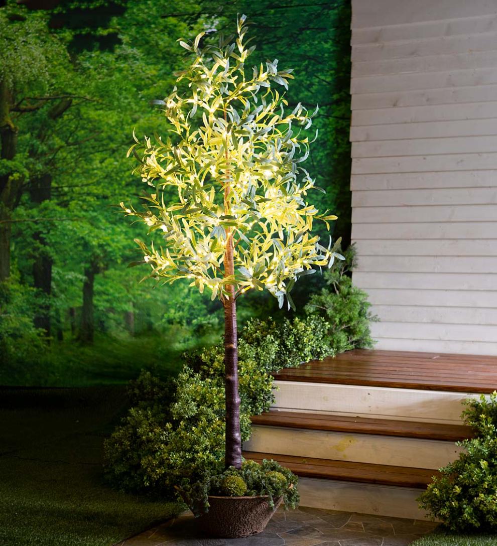 Plow &amp; Hearth Garden Accents | Indoor Living Lighted Faux Olive Tree With Warm White Led Lights