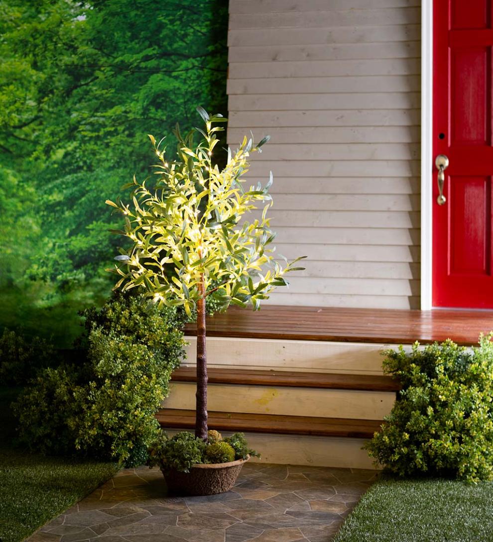 Plow &amp; Hearth Garden Accents | Indoor Living Lighted Faux Olive Tree With Warm White Led Lights