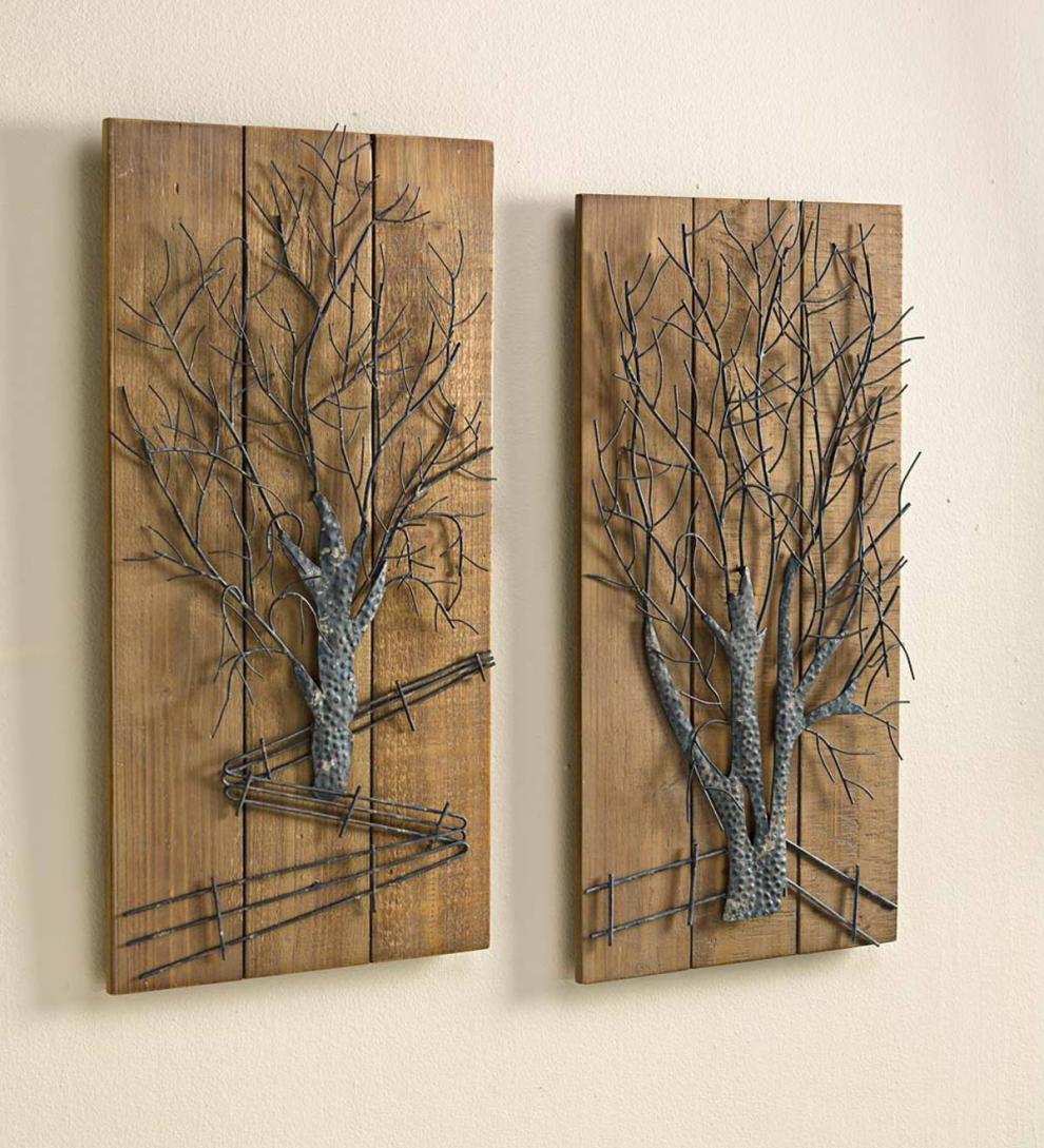 Plow &amp; Hearth Garden Accents | Indoor Living Metal Tree On Wooden Wall Art, Set Of 2