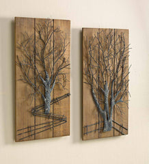 Plow &amp; Hearth Garden Accents | Indoor Living Metal Tree On Wooden Wall Art, Set Of 2