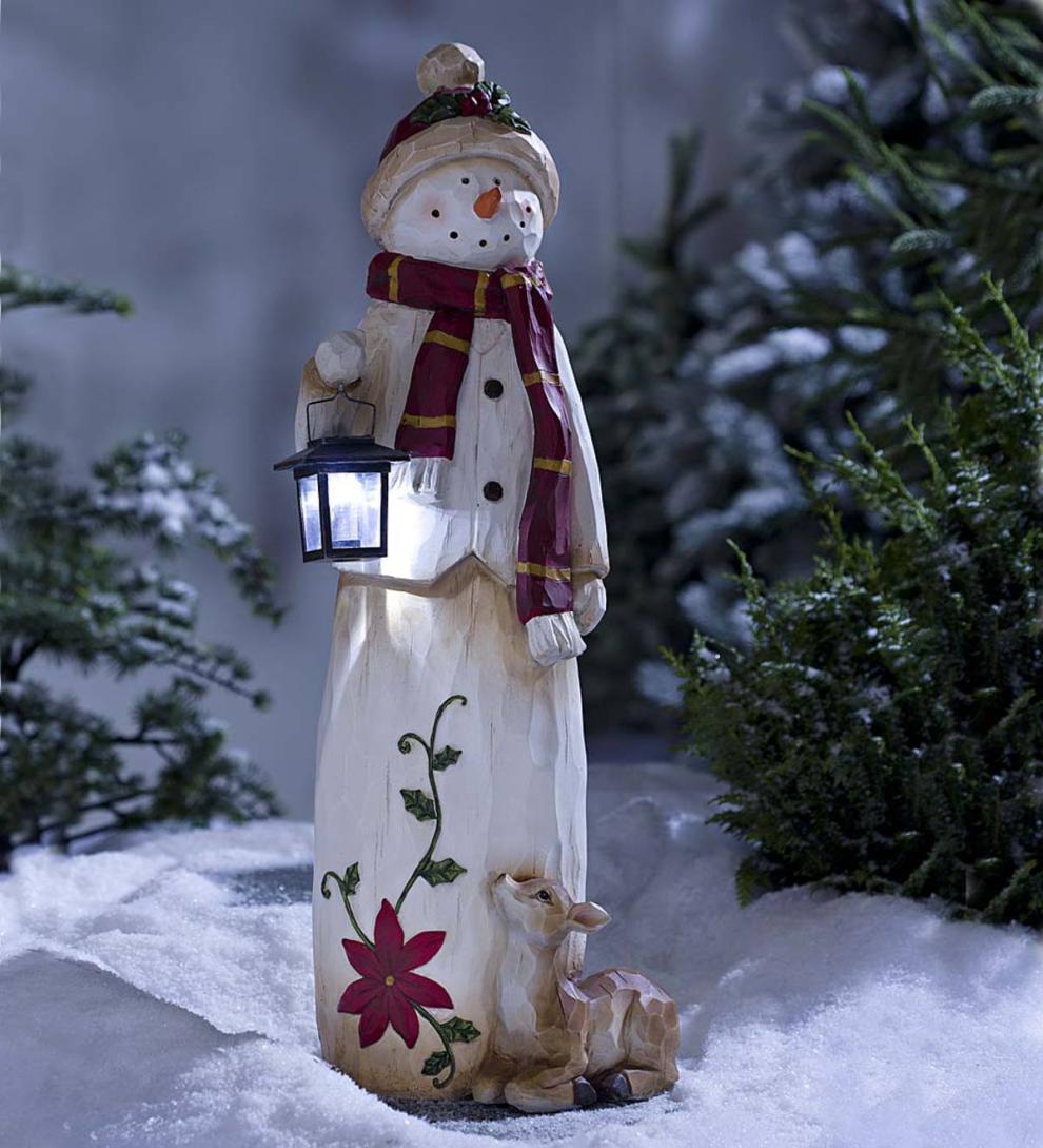 Plow &amp; Hearth Garden Accents | Indoor Living Woodland Snowman With Solar Lantern