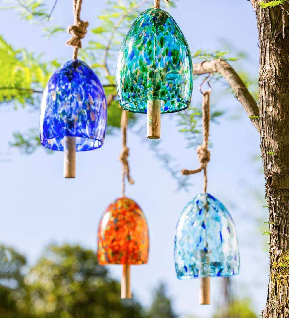 Plow &amp; Hearth Garden Accents | Yard &amp; Garden Art Glass Garden Bell Chime - Blue