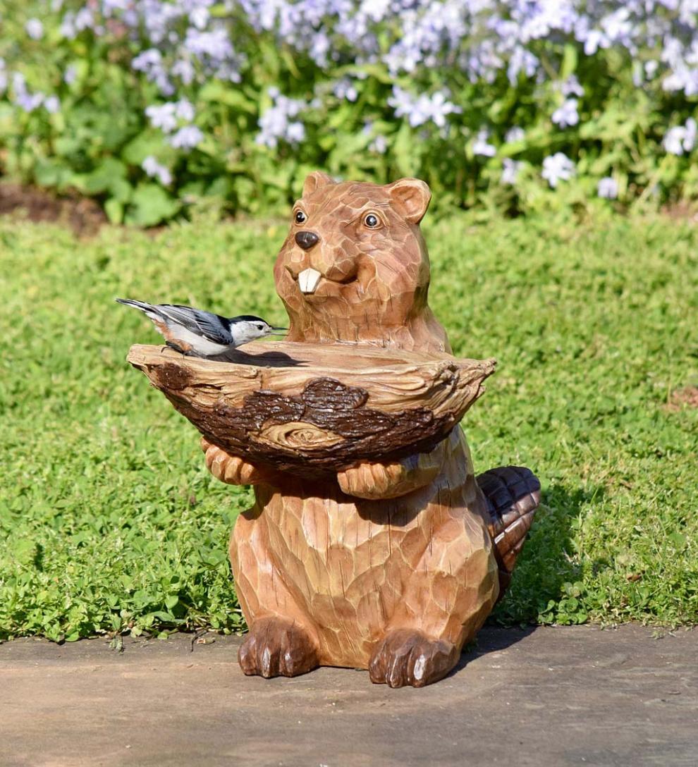 Plow &amp; Hearth Garden Accents | Yard &amp; Garden Carved Resin Beaver Birdbath Garden Accent