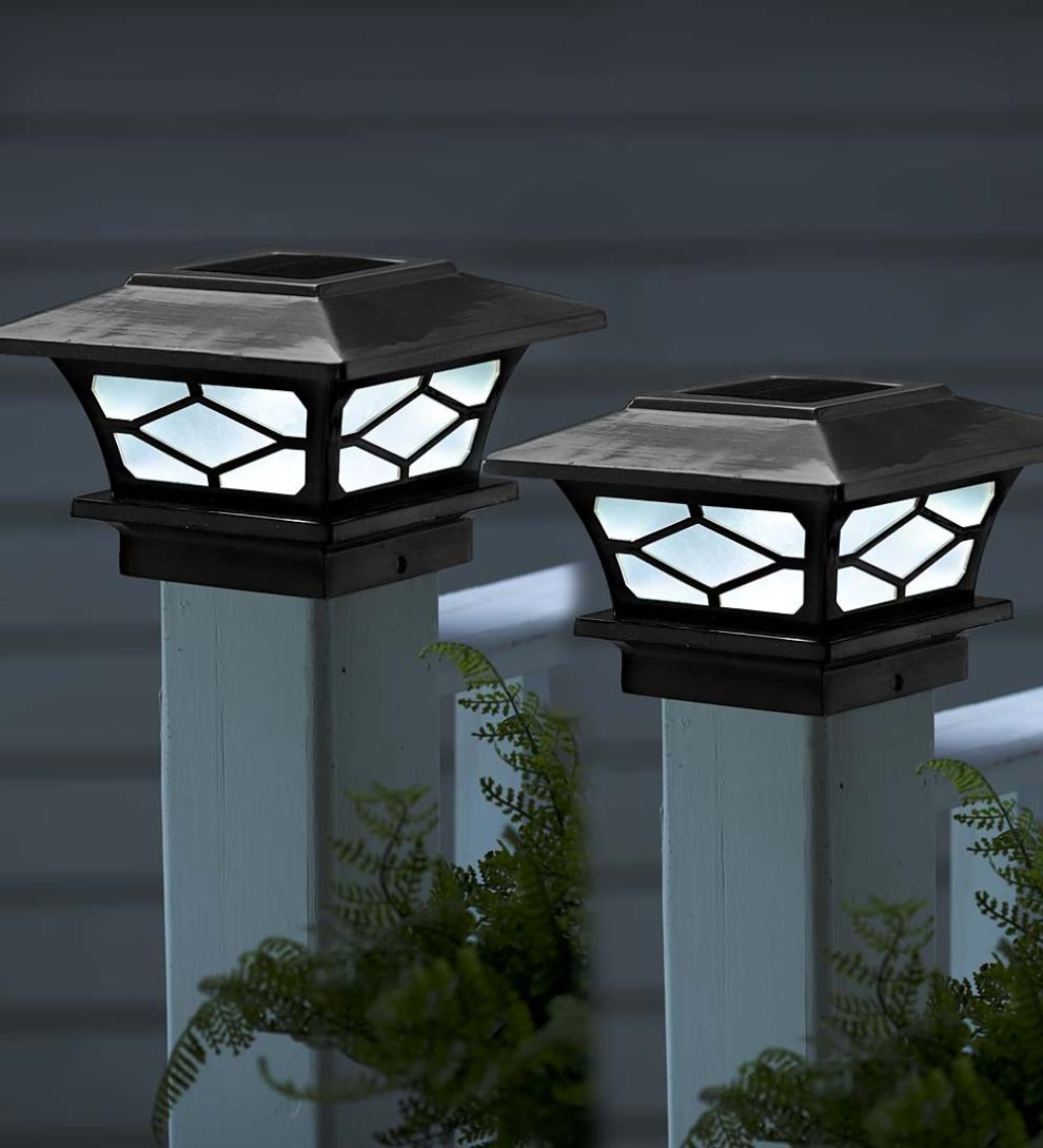 Plow &amp; Hearth Garden Accents | Yard &amp; Garden Classic Mission Style Solar Light Post Caps, Set Of 2 - Black