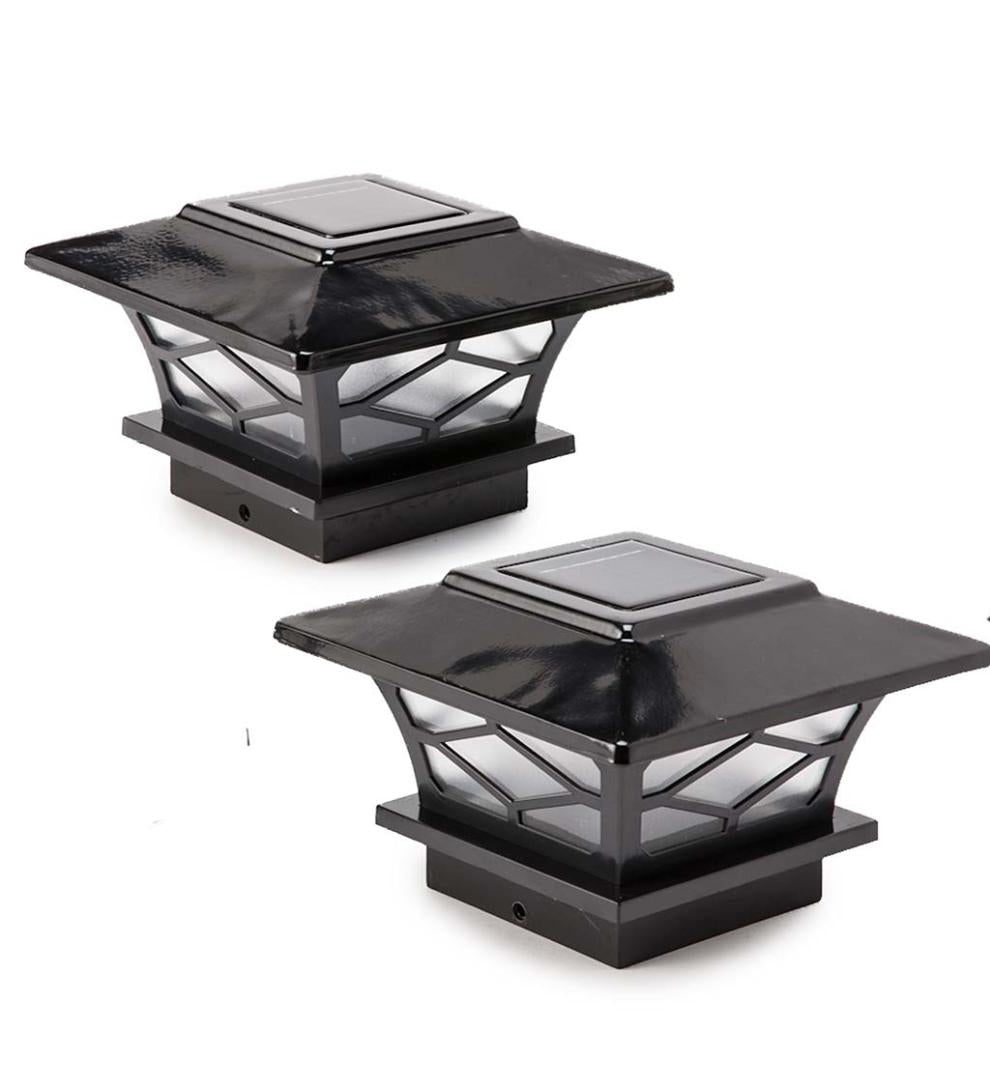 Plow &amp; Hearth Garden Accents | Yard &amp; Garden Classic Mission Style Solar Light Post Caps, Set Of 2 - Black