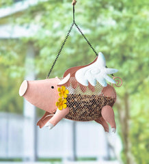 Plow &amp; Hearth Garden Accents | Yard &amp; Garden Flying Pig Mesh Bird Feeder With Hanging Chain