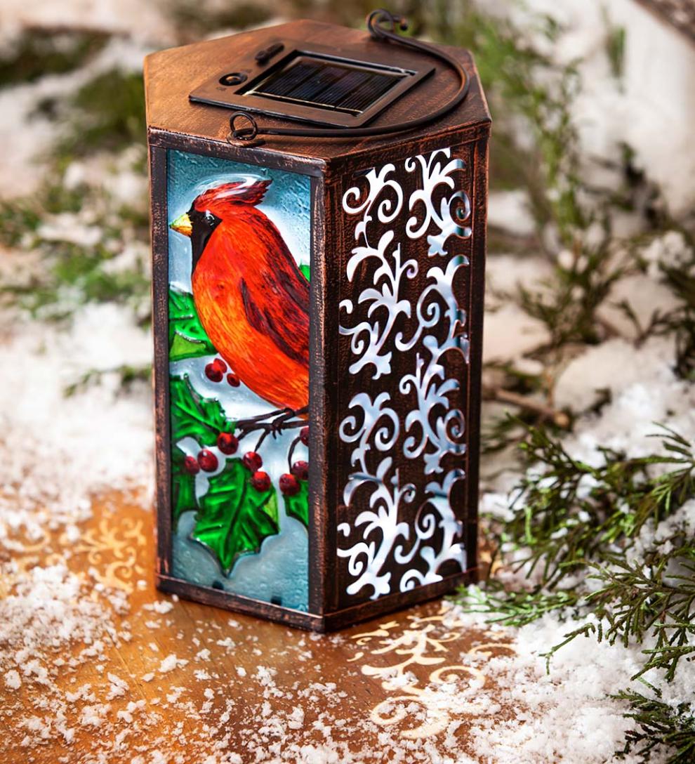 Plow &amp; Hearth Garden Accents | Yard &amp; Garden Hand-Painted Holiday Cardinal Embossed Glass Solar Lantern