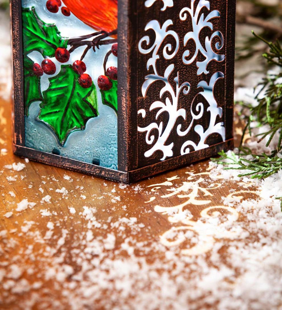 Plow &amp; Hearth Garden Accents | Yard &amp; Garden Hand-Painted Holiday Cardinal Embossed Glass Solar Lantern