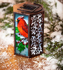 Plow &amp; Hearth Garden Accents | Yard &amp; Garden Hand-Painted Holiday Cardinal Embossed Glass Solar Lantern
