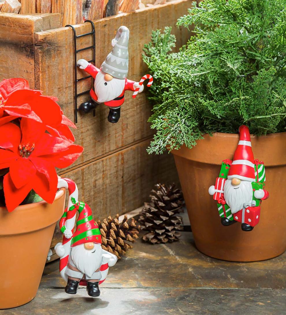 Plow &amp; Hearth Garden Accents | Yard &amp; Garden Holiday Gnome Pot Percher, Set Of 3