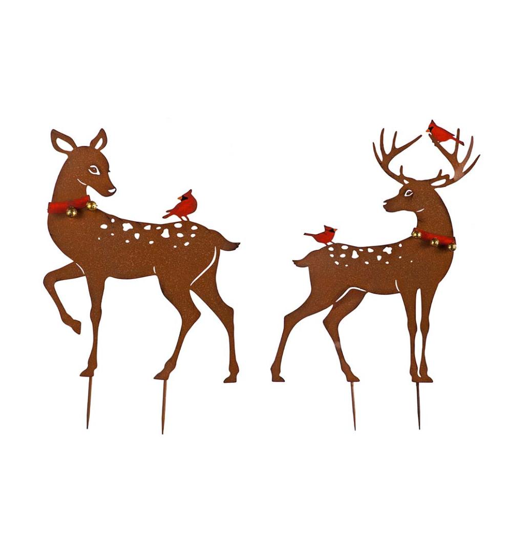 Plow &amp; Hearth Garden Accents | Yard &amp; Garden Large Deer With Cardinals Garden Stakes, Set Of 2