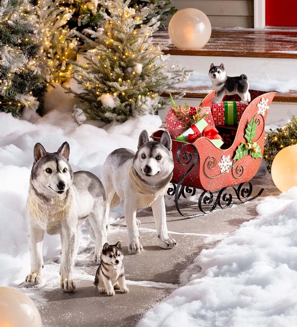 Plow &amp; Hearth Garden Accents | Yard &amp; Garden Lifelike Indoor/Outdoor Siberian Husky Puppy Statues, Set Of 2