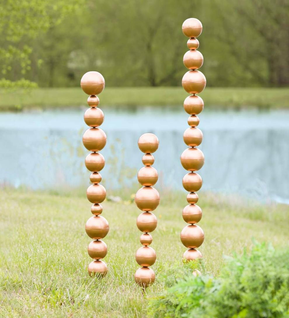 Plow &amp; Hearth Garden Accents | Yard &amp; Garden Metal Tower Garden Stakes With Multiple Sized Spheres, Set Of 3 - Bronze
