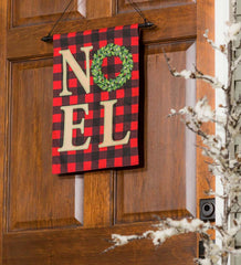 Plow &amp; Hearth Garden Accents | Yard &amp; Garden Noel Buffalo Check Plaid Linen Garden Flag With Wreath Accent