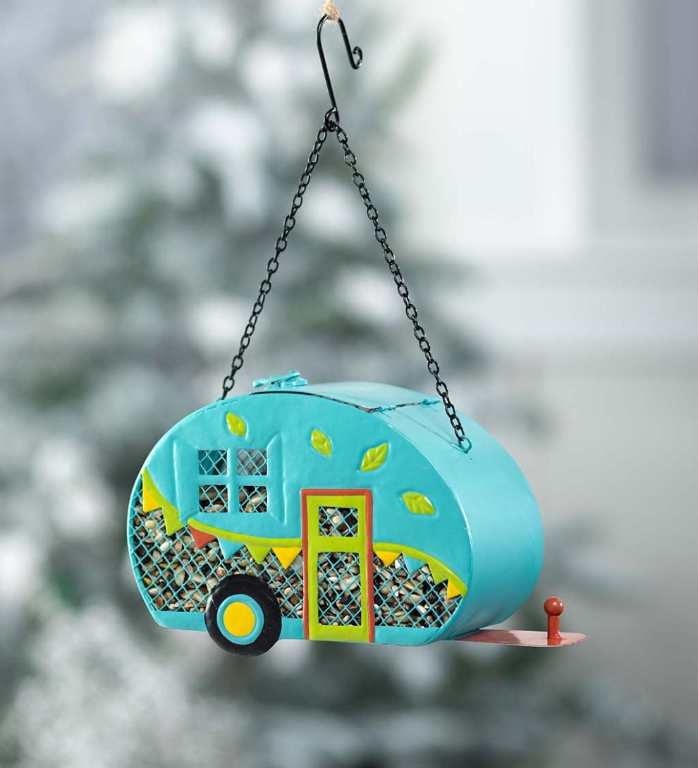 Plow &amp; Hearth Garden Accents | Yard &amp; Garden Retro Camper Mesh Bird Feeder With Hanging Chain