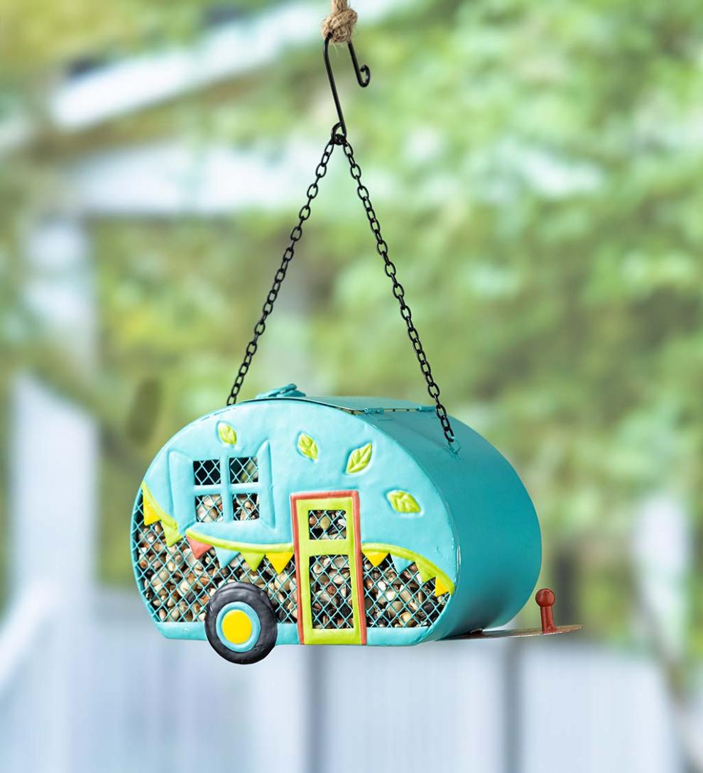 Plow &amp; Hearth Garden Accents | Yard &amp; Garden Retro Camper Mesh Bird Feeder With Hanging Chain