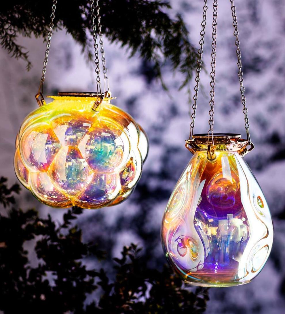 Plow &amp; Hearth Garden Accents | Yard &amp; Garden Solar Hanging Iridescent Glass Lights