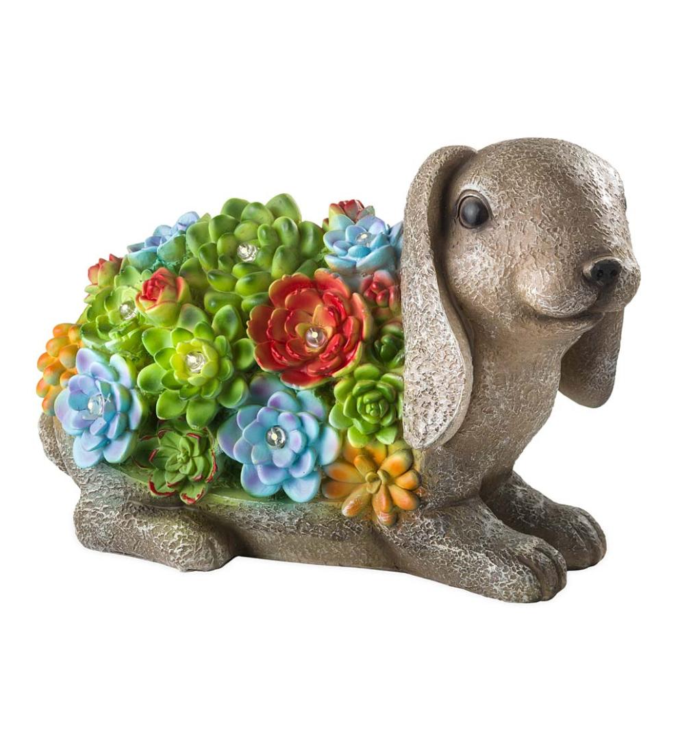 Plow &amp; Hearth Garden Accents | Yard &amp; Garden Solar Lighted Succulent Resin Animal Garden Statue - Bunny