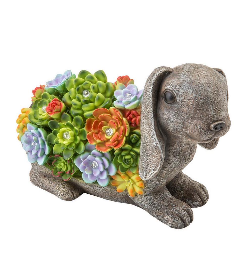 Plow &amp; Hearth Garden Accents | Yard &amp; Garden Solar Lighted Succulent Resin Animal Garden Statue - Bunny