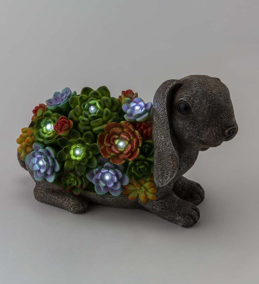 Plow &amp; Hearth Garden Accents | Yard &amp; Garden Solar Lighted Succulent Resin Animal Garden Statue - Bunny